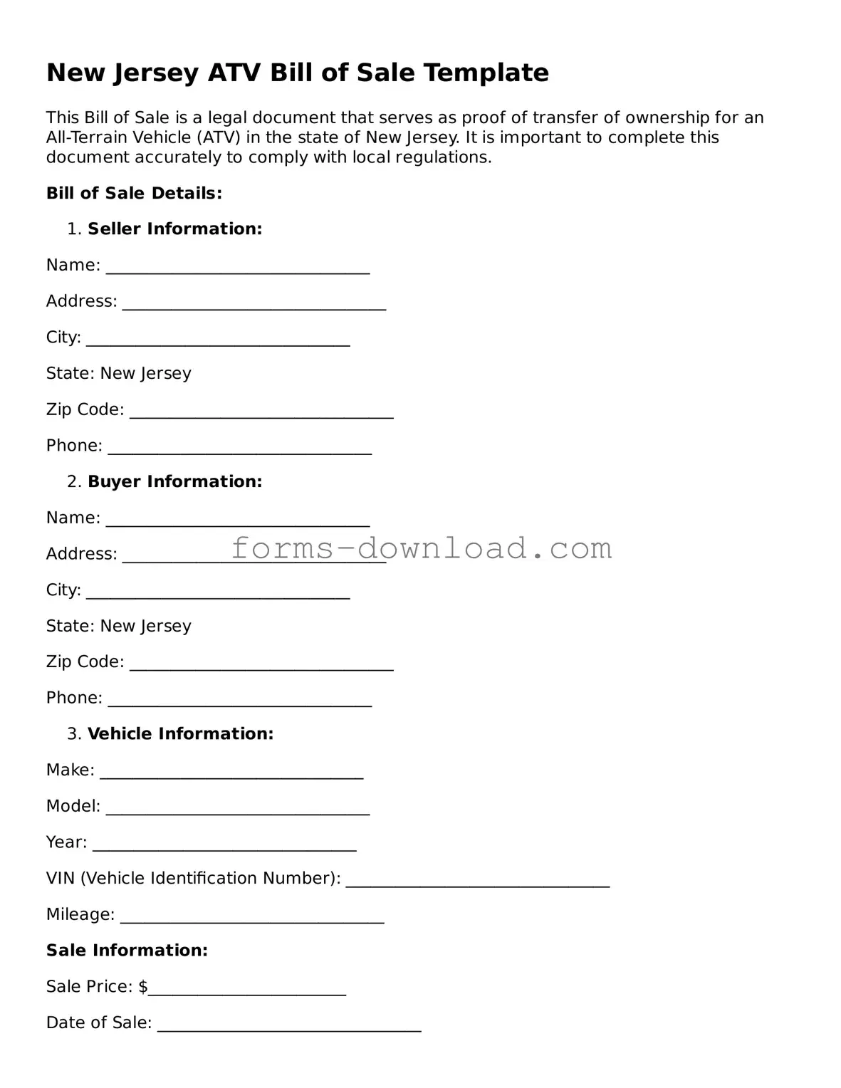 Attorney-Approved ATV Bill of Sale Document for the State of New Jersey