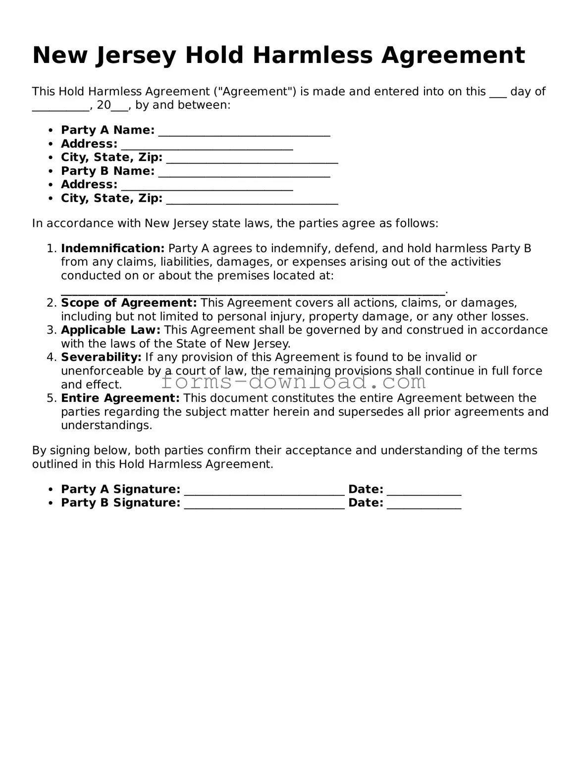 Attorney-Approved Hold Harmless Agreement Document for the State of New Jersey