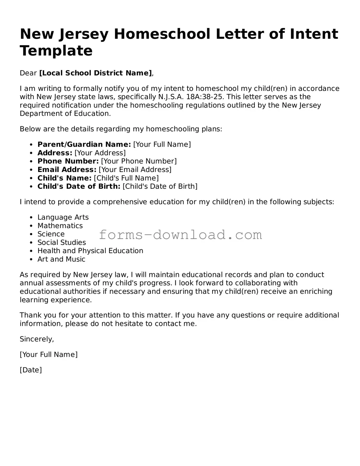 Attorney-Approved Homeschool Letter of Intent Document for the State of New Jersey