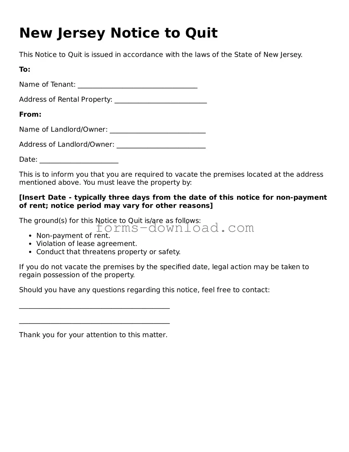 Attorney-Approved Notice to Quit Document for the State of New Jersey