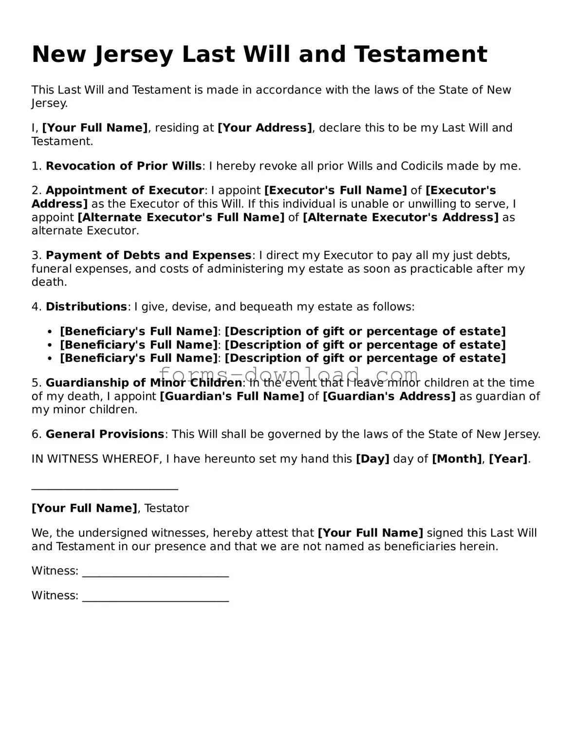 Attorney-Approved Last Will and Testament Document for the State of New Jersey