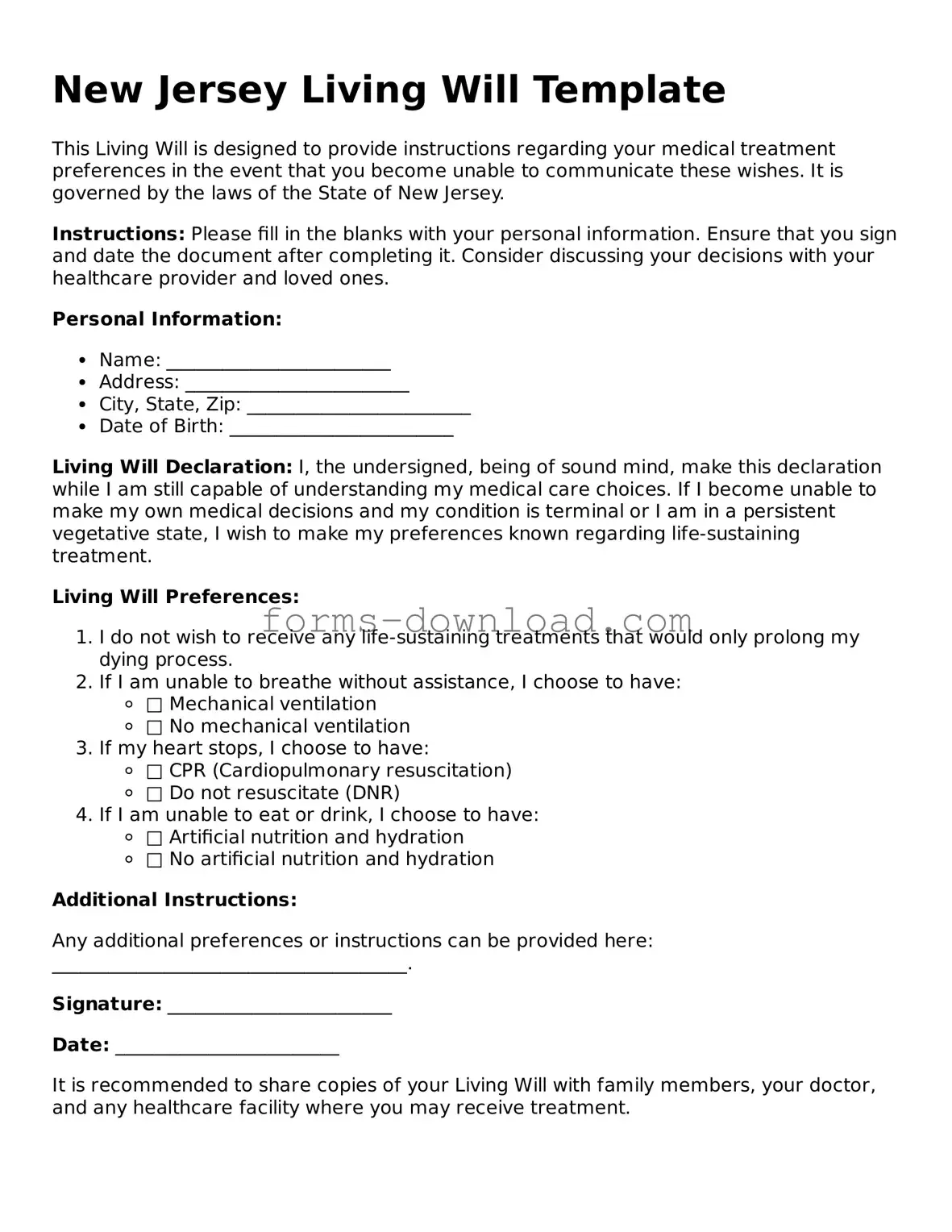 Attorney-Approved Living Will Document for the State of New Jersey