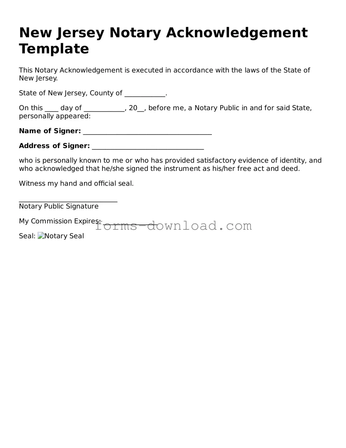 Attorney-Approved Notary Acknowledgement Document for the State of New Jersey