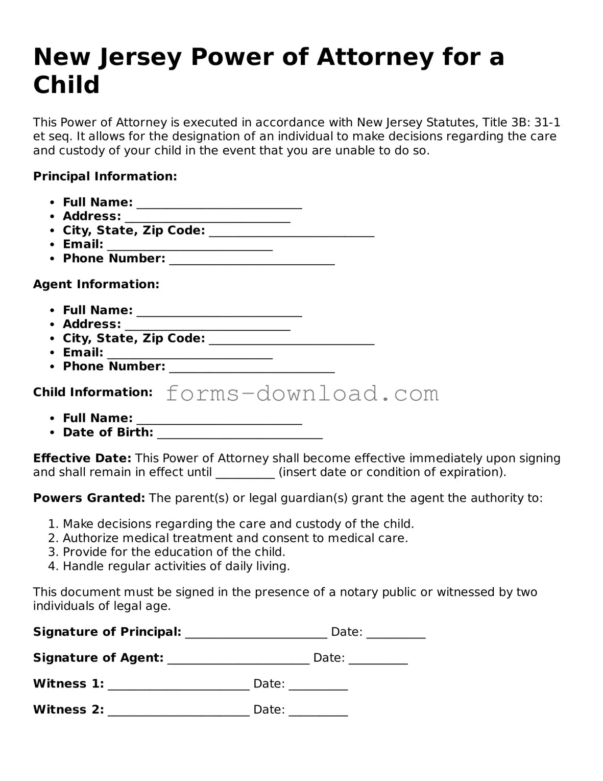 Attorney-Approved Power of Attorney for a Child Document for the State of New Jersey