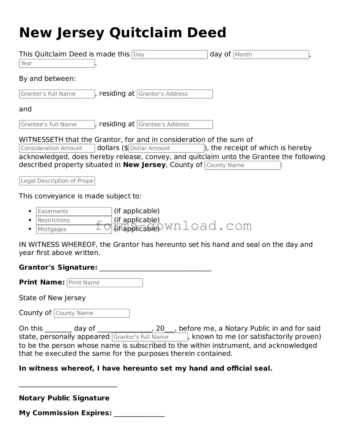 Attorney-Approved Quitclaim Deed Document for the State of New Jersey