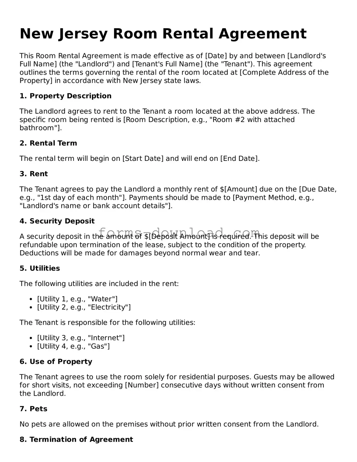 Attorney-Approved Room Rental Agreement Document for the State of New Jersey