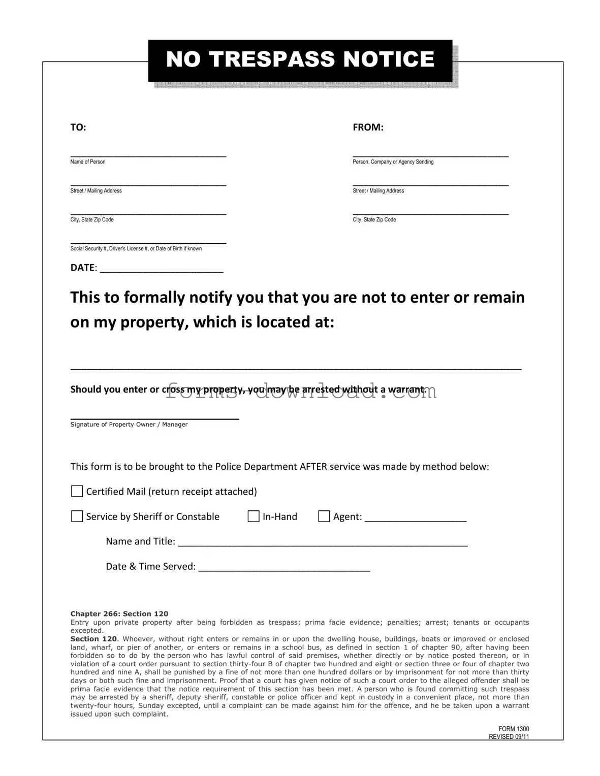 Blank No Trespassing Letter Form