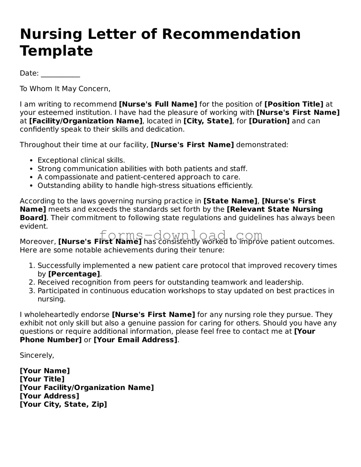 Fillable Nursing Letter of Recommendation Form