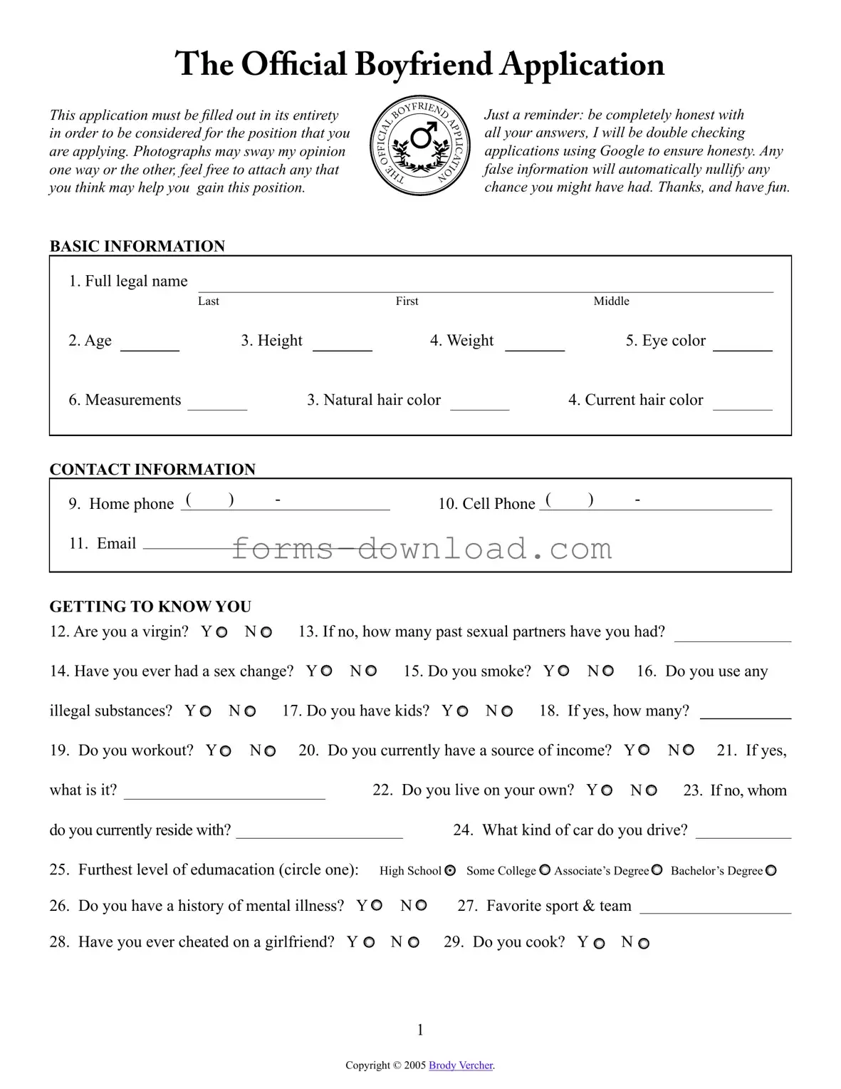 Blank Boyfriend application form Form