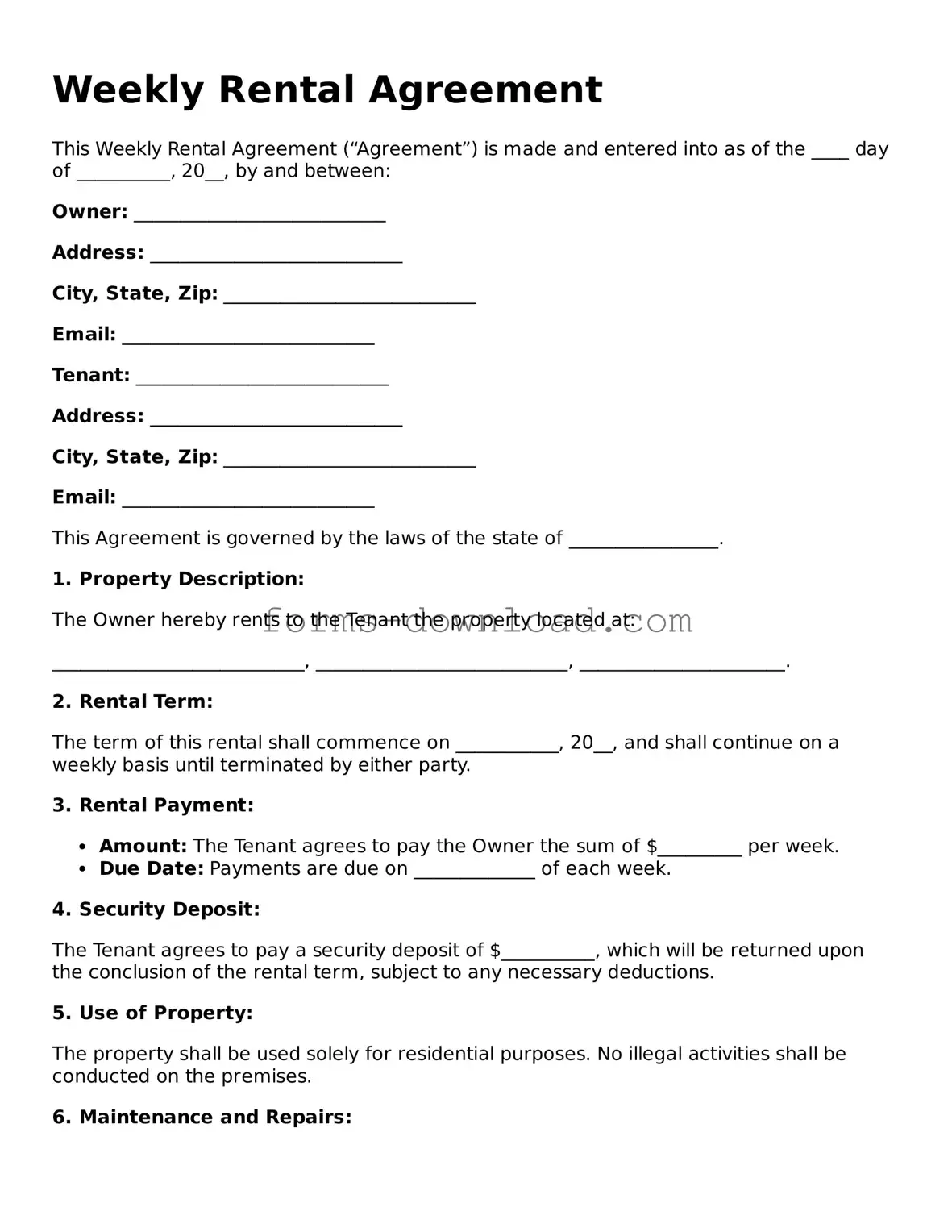 Fillable Weekly Rental Agreement Form