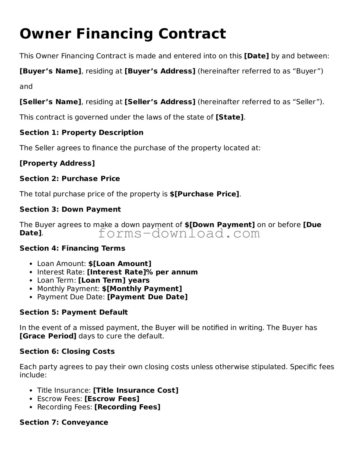 Fillable Owner Financing Contract Form