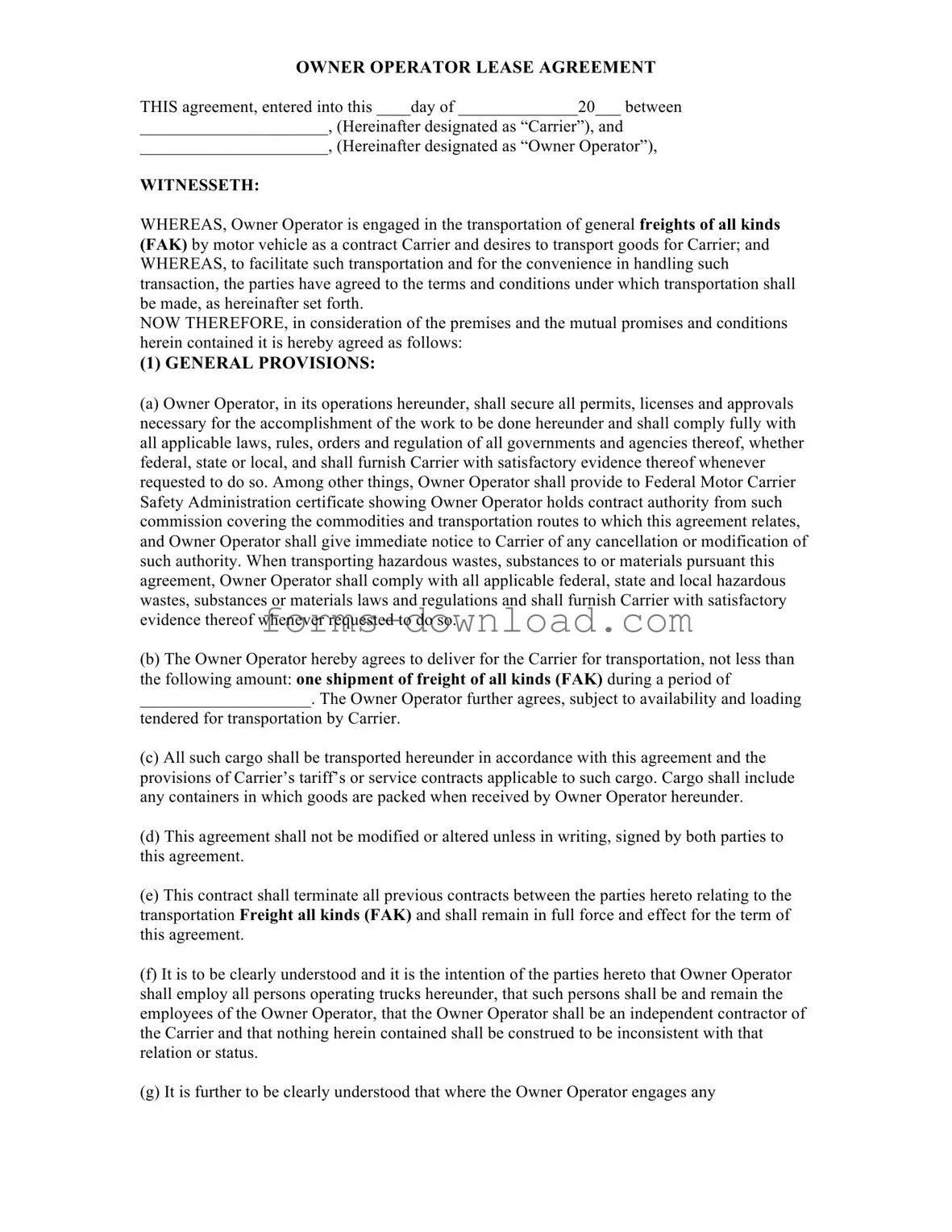 Blank Owner Operator Lease Agreement Form