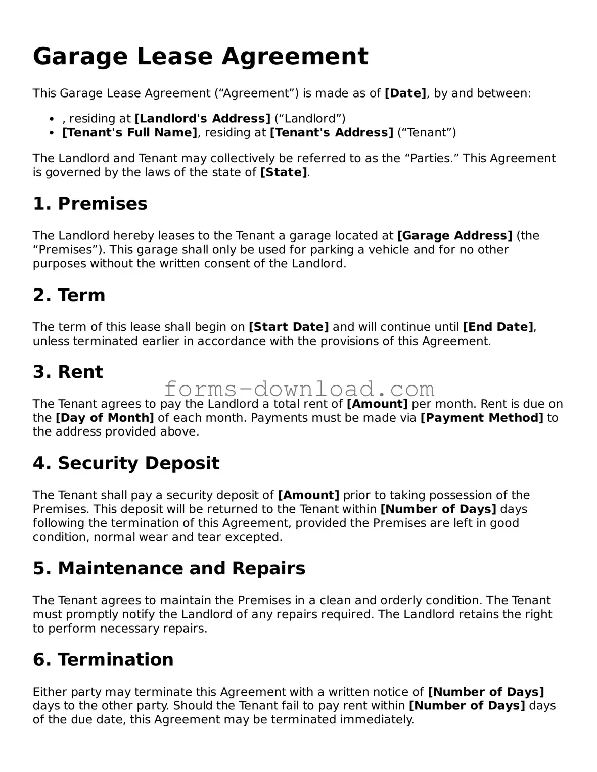 Fillable Garage Lease Agreement Form