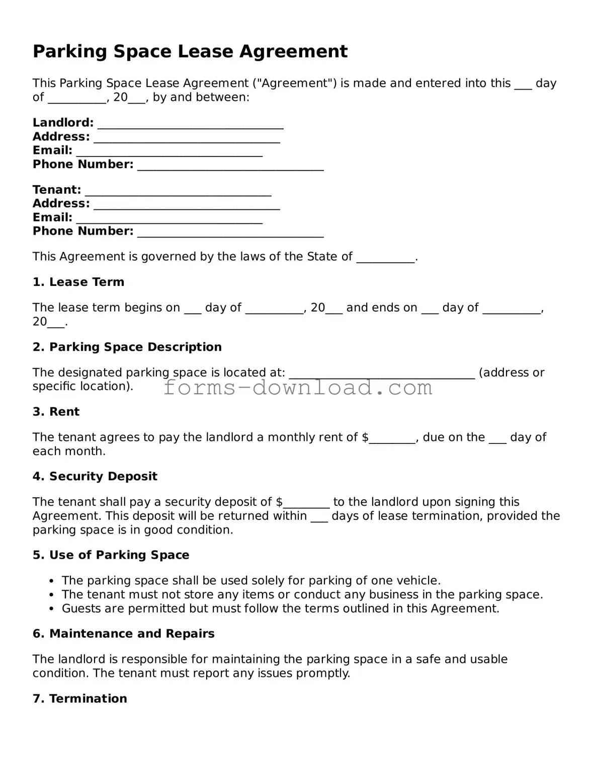 Fillable Parking Space Lease Agreement Form