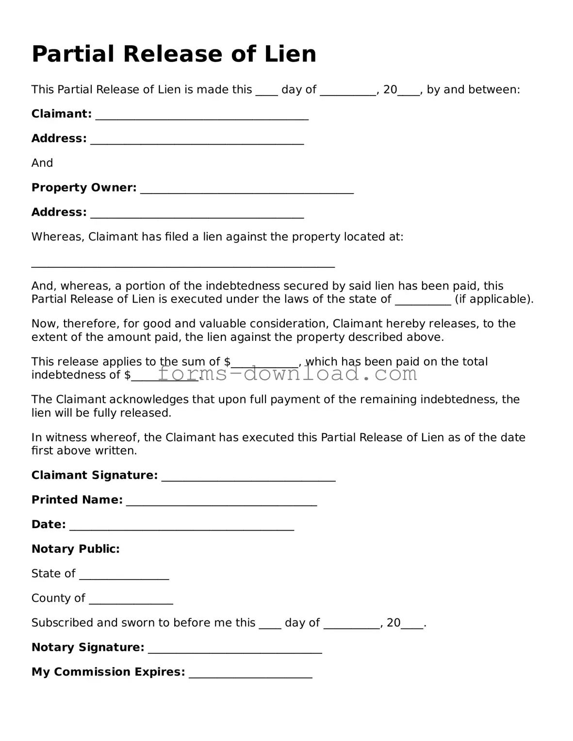 Fillable Partial Release of Lien Form