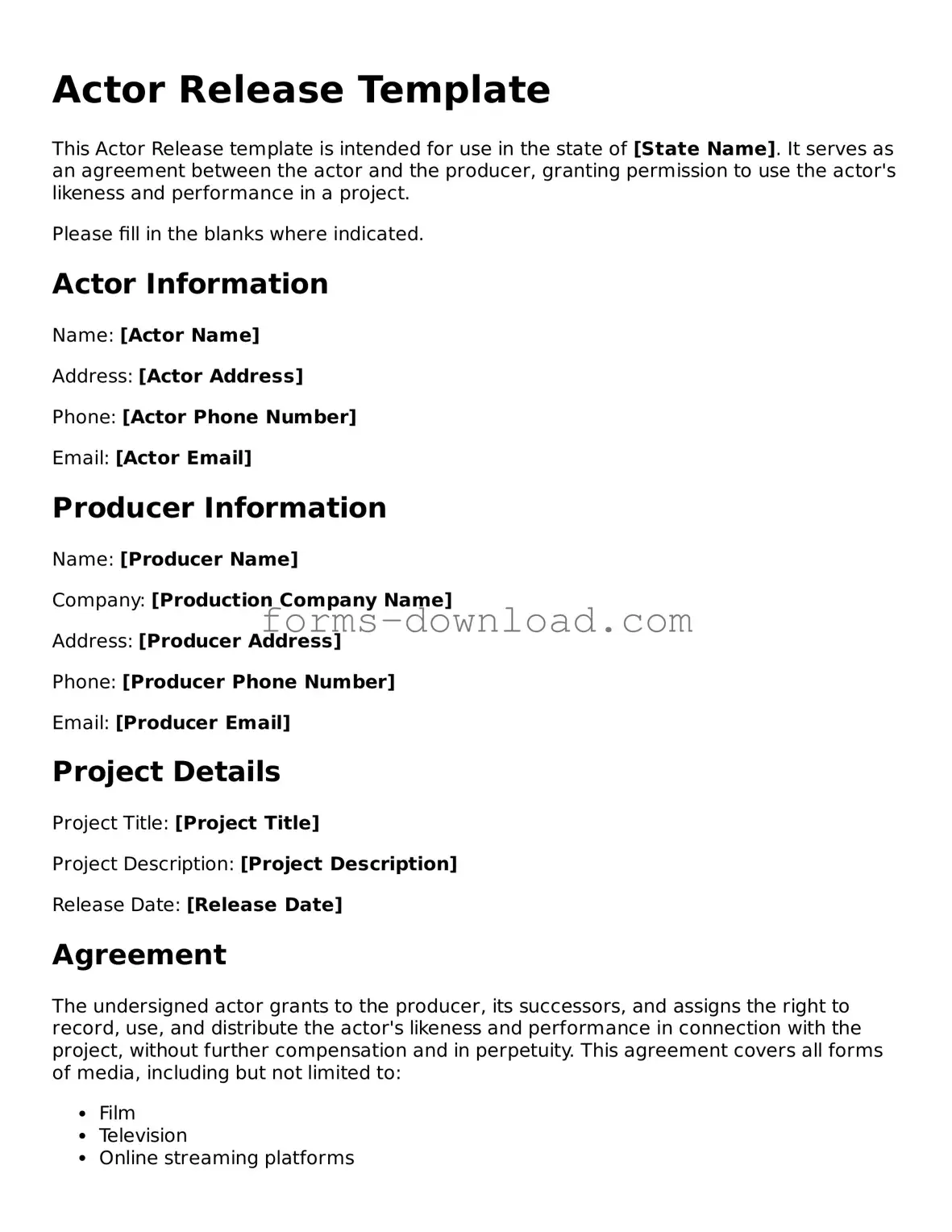 Fillable Actor Release Form