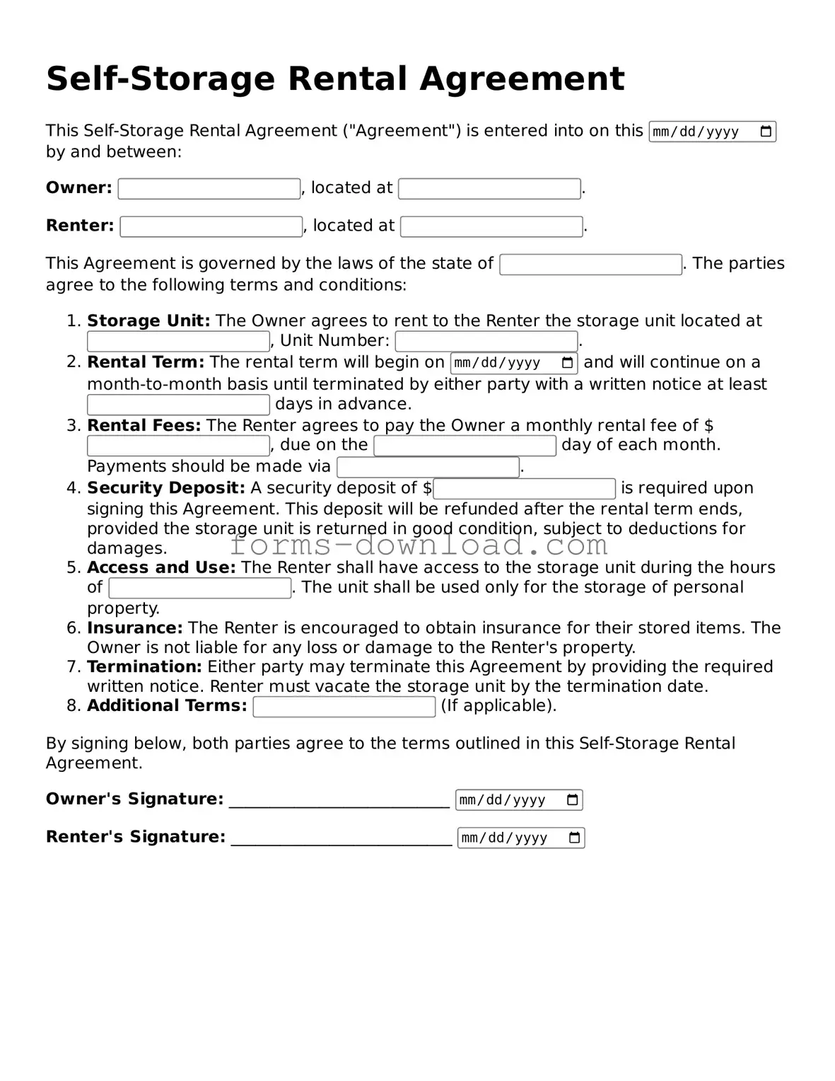 Fillable Self-Storage Rental Agreement Form
