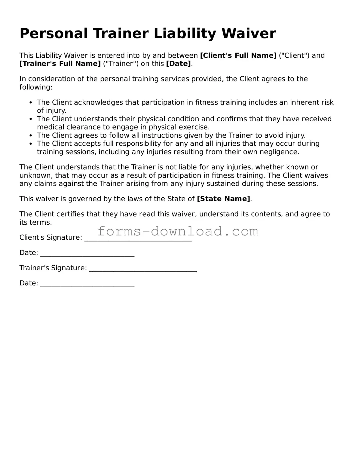 Fillable Personal Trainer Liability Waiver Form