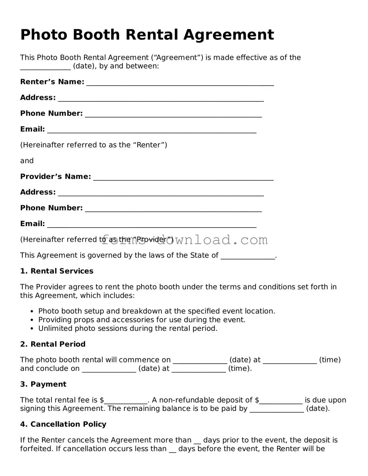 Fillable Photo Booth Rental Agreement Form