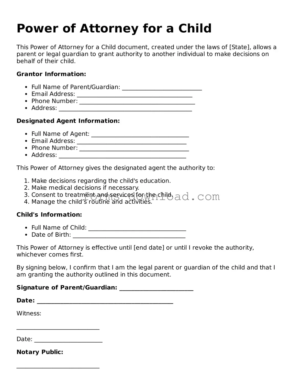 Fillable Power of Attorney for a Child Form