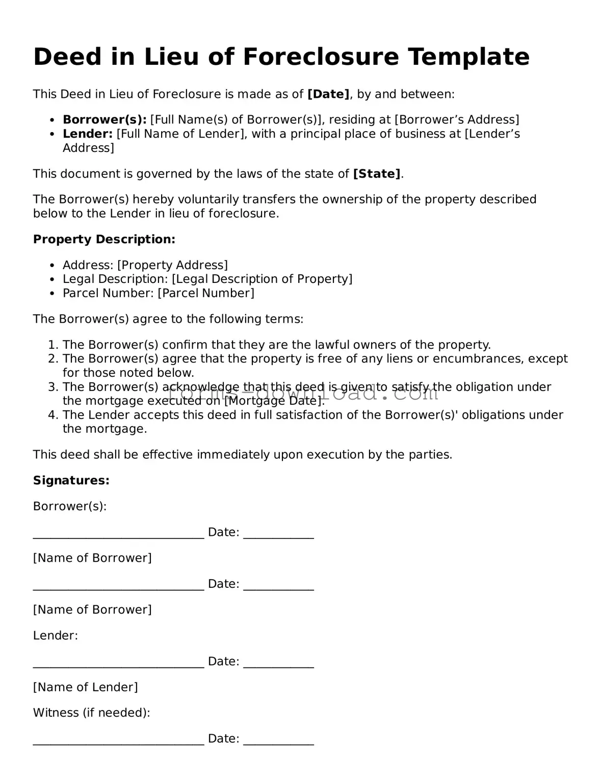 Fillable Deed in Lieu of Foreclosure Form