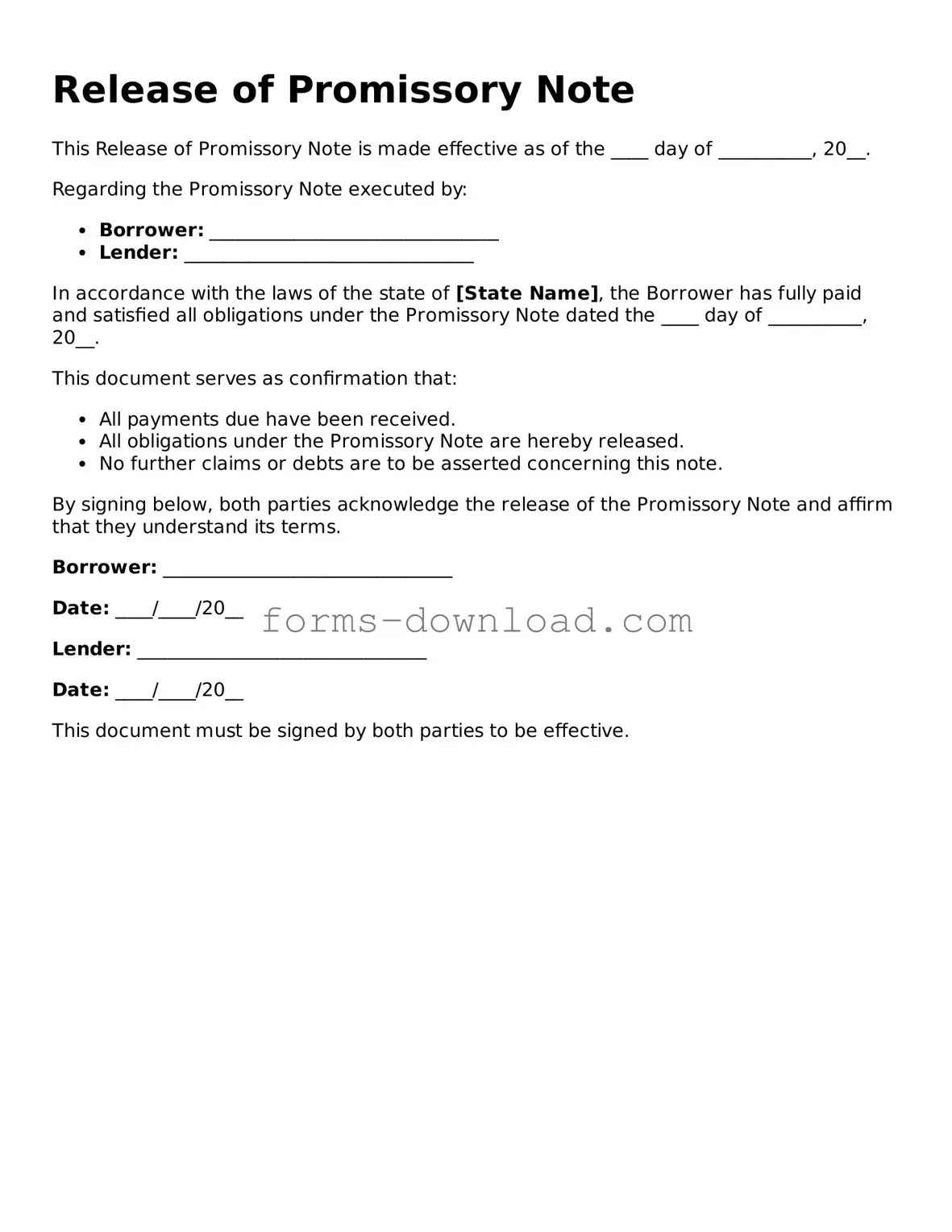 Fillable Release of Promissory Note Form