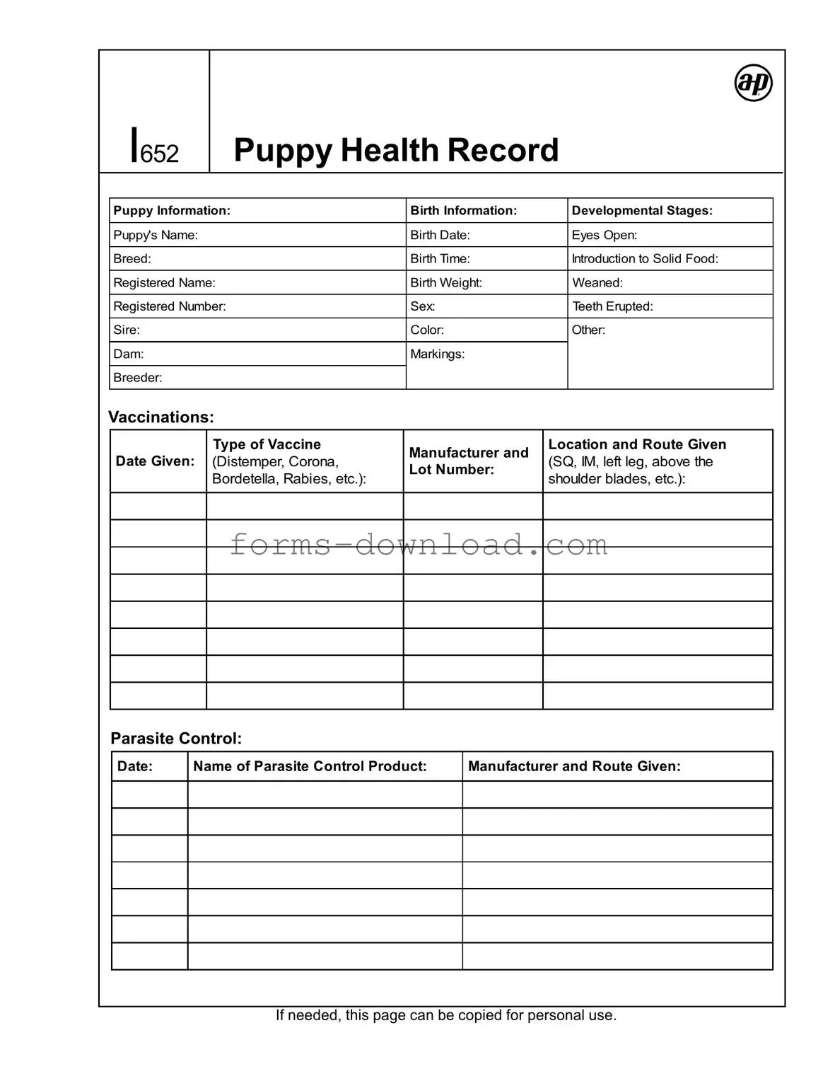 Blank Puppy Health Record Form