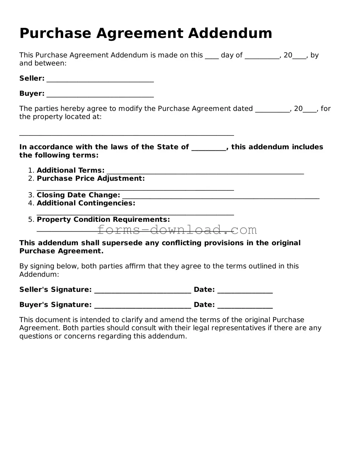 Fillable Purchase Agreement Addendum Form