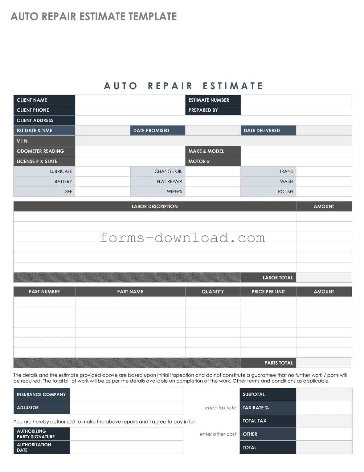 Blank Auto Repair Estimate Form