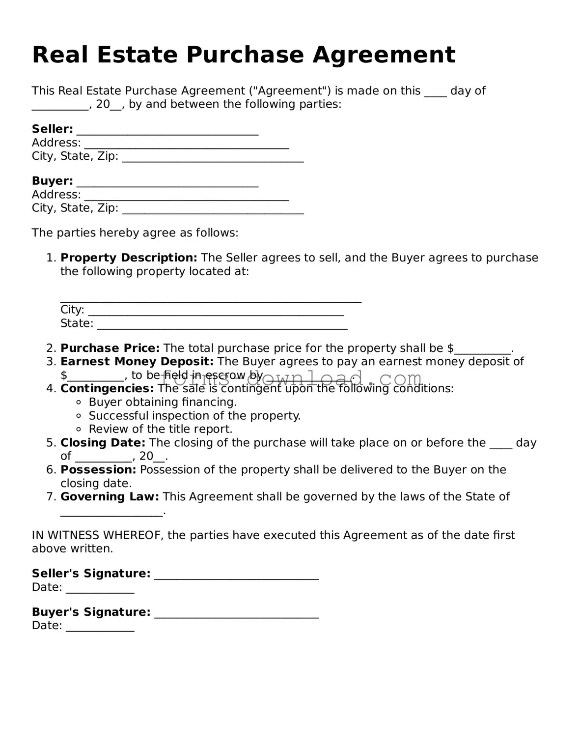 Fillable Real Estate Purchase Agreement Form