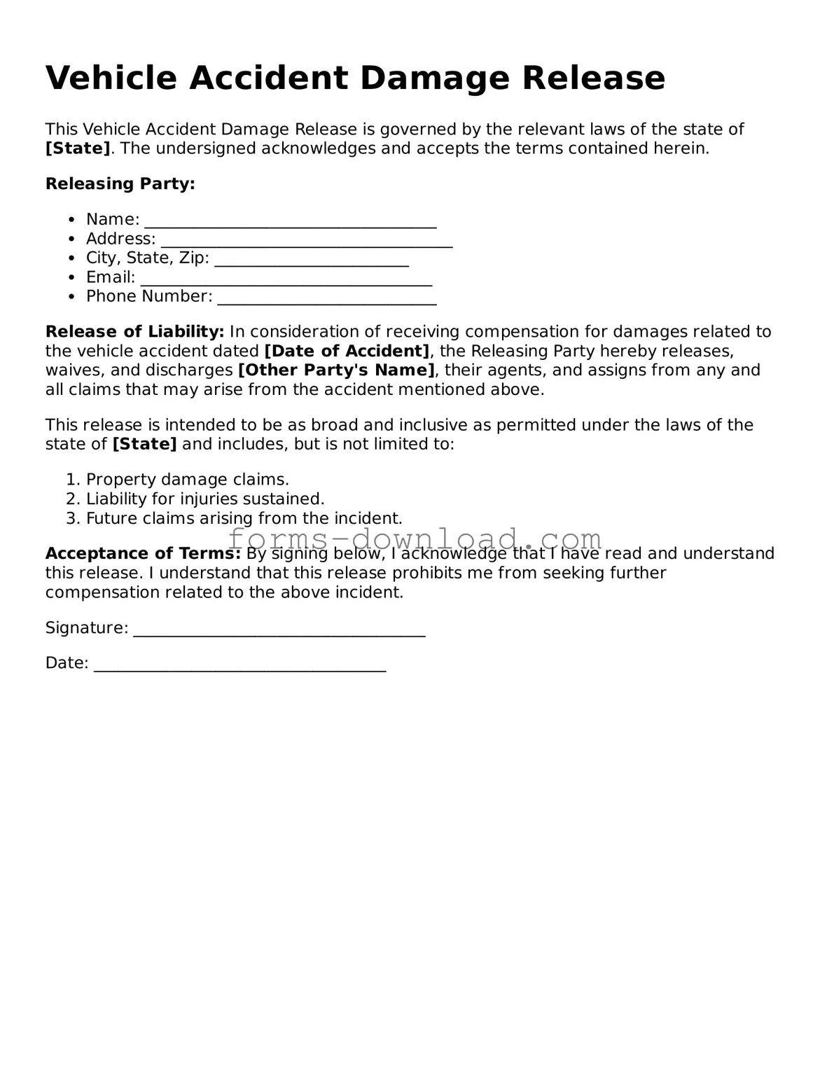 Fillable Vehicle Accident Damage Release Form
