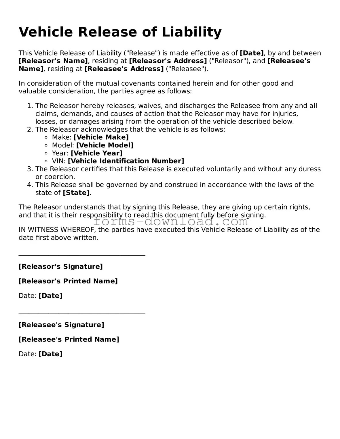 Fillable Vehicle Release of Liability Form
