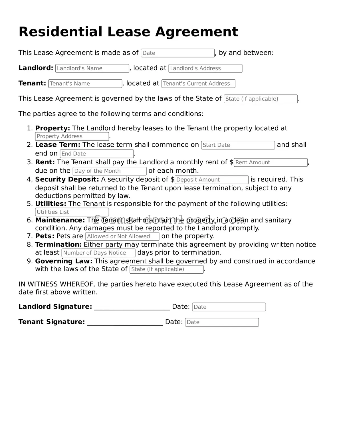 Fillable Lease Agreement Form