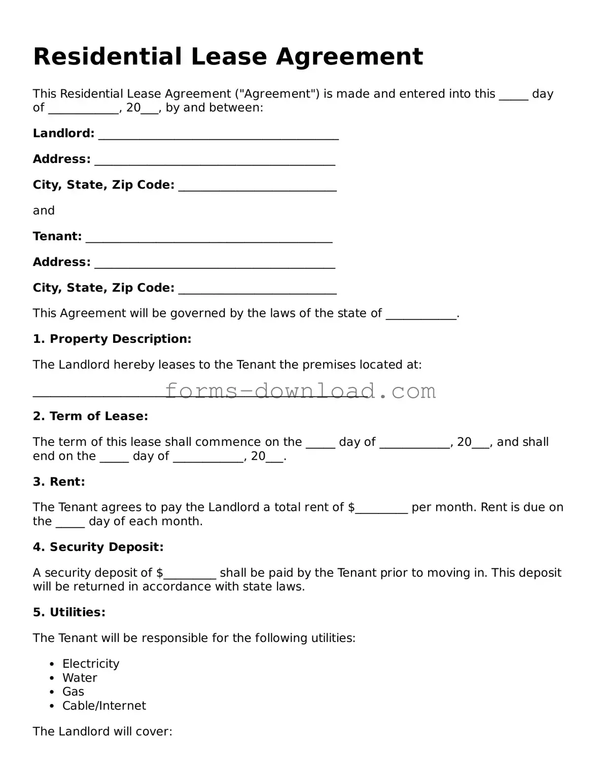 Fillable Residential Lease Agreement Form