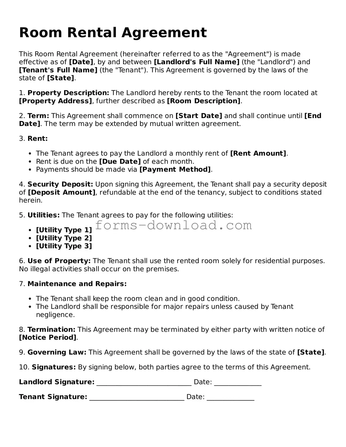 Fillable Room Rental Agreement Form