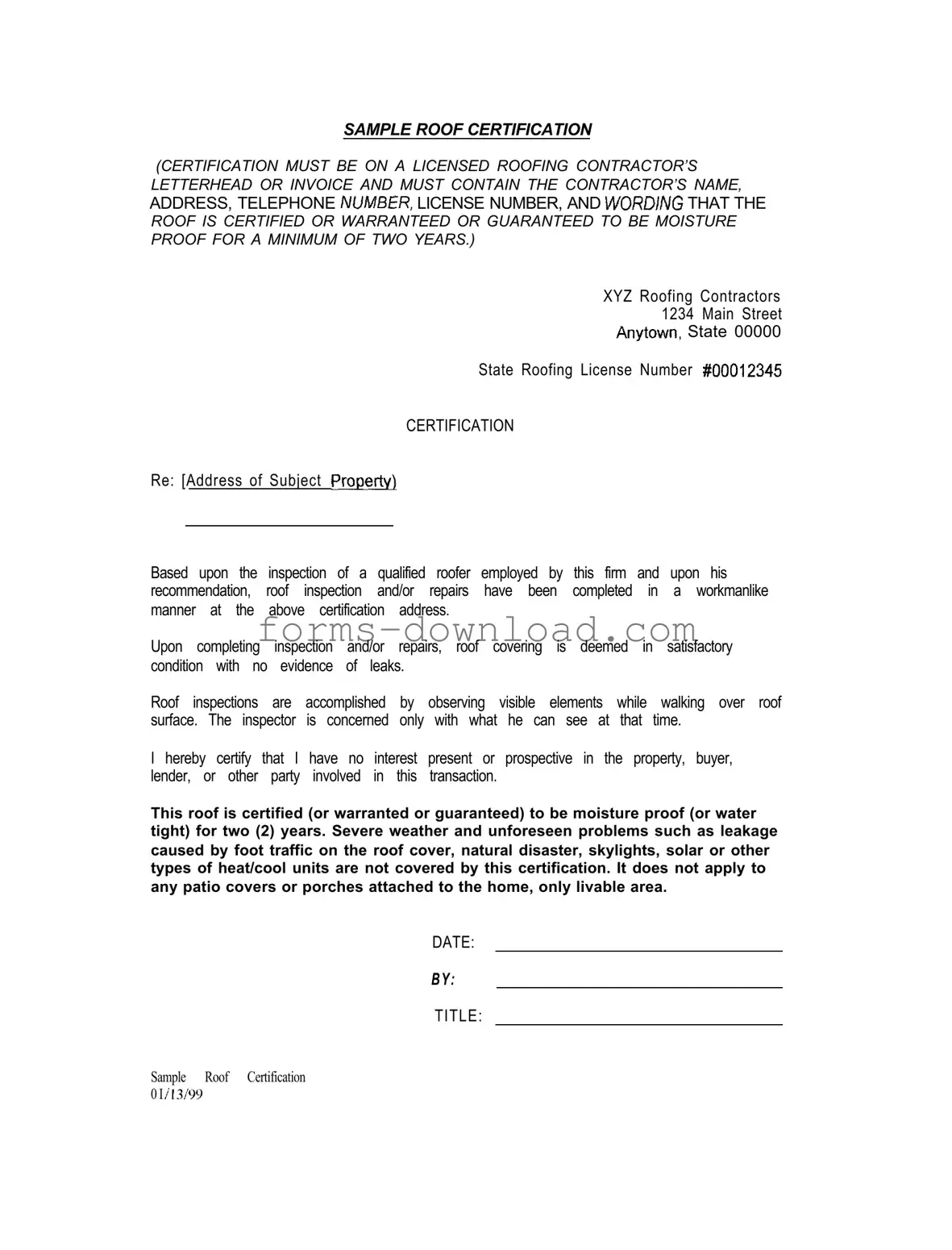 Blank Sample Roof Certification Form