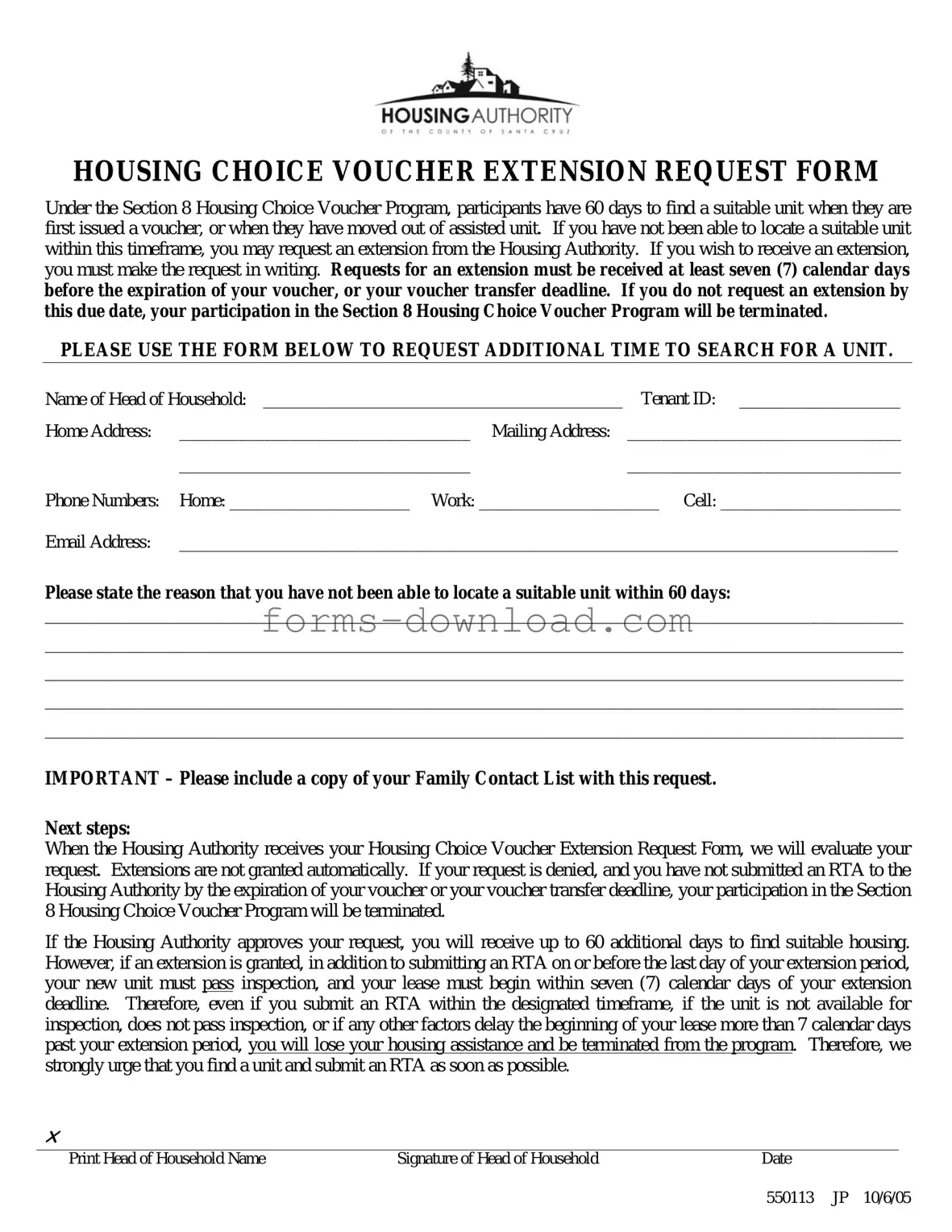 Blank Section 8 Voucher Extension Form