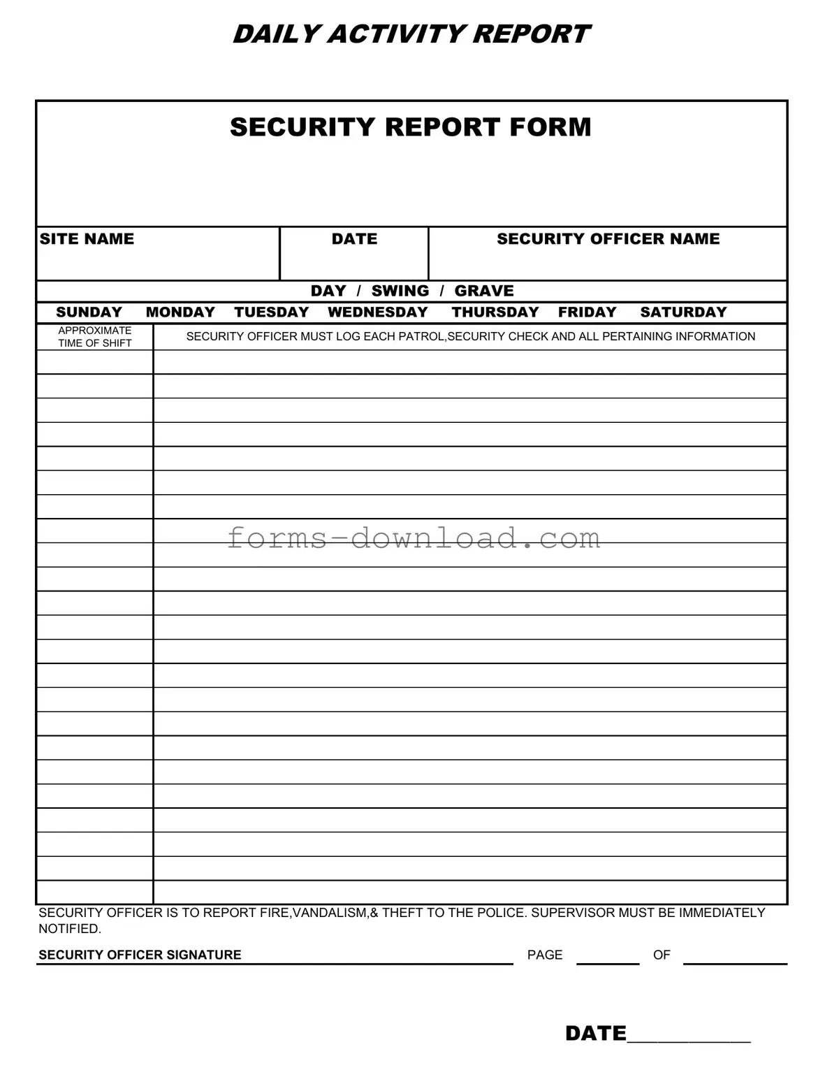 Blank Security Guard Daily Report Sample Form