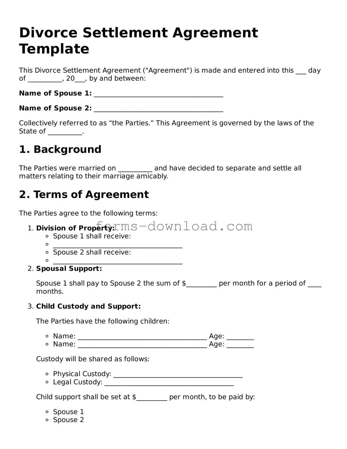 Fillable Divorce Settlement Agreement Form