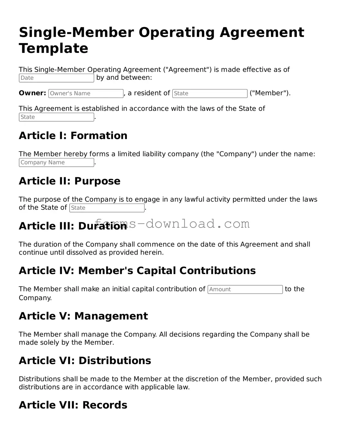 Fillable Single-Member Operating Agreement Form