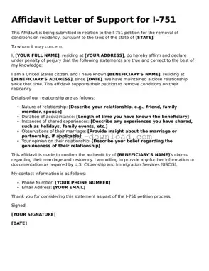 Fillable Affidavit Letter of Support for I-751 Form