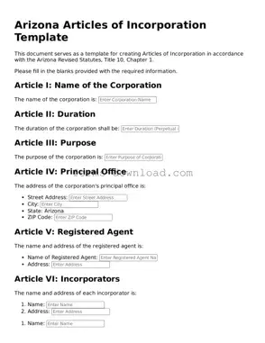 Attorney-Approved Articles of Incorporation Document for the State of Arizona