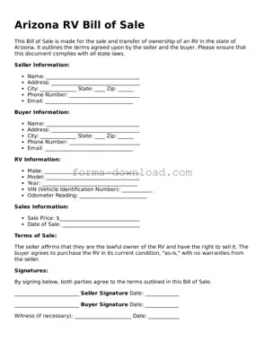Attorney-Approved RV Bill of Sale Document for the State of Arizona