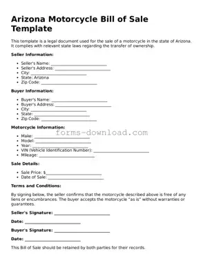 Attorney-Approved Motorcycle Bill of Sale Document for the State of Arizona