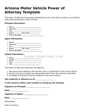 Attorney-Approved Motor Vehicle Power of Attorney Document for the State of Arizona