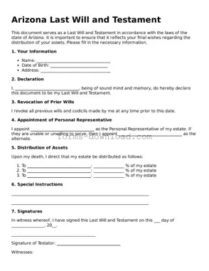 Attorney-Approved Last Will and Testament Document for the State of Arizona