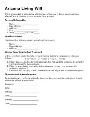Attorney-Approved Living Will Document for the State of Arizona
