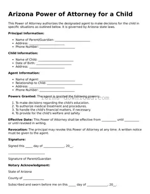 Attorney-Approved Power of Attorney for a Child Document for the State of Arizona