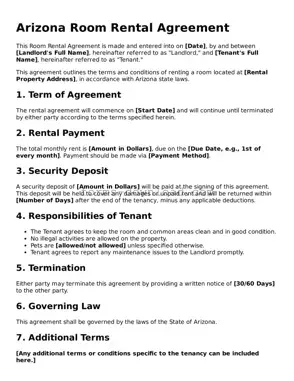 Attorney-Approved Room Rental Agreement Document for the State of Arizona