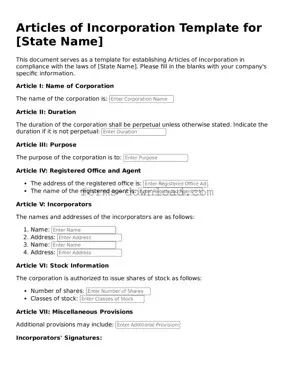 Fillable Articles of Incorporation Form